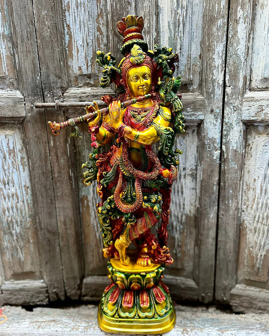 Hand-painted Brass Krishna Idol - Divine Beauty and Grace 29"