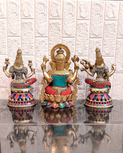 Pure Brass Ganesh, lakshmi Saraswati idols with meenakari 12 inch
