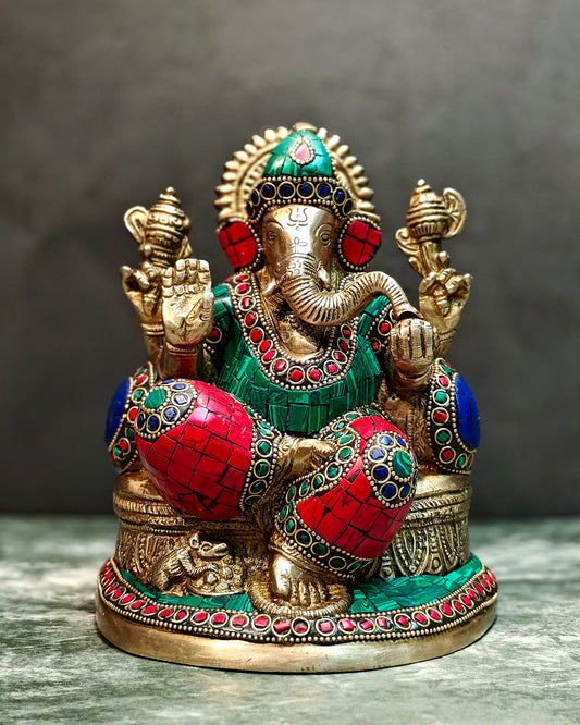 Pure Brass Lord Ganesha Statue with Meenakari 8 inch