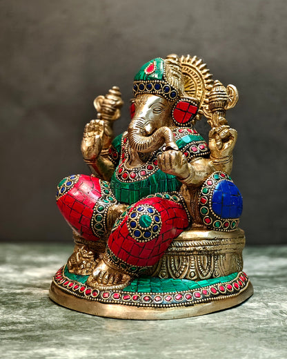 Pure Brass Lord Ganesha on throne statue 7.5"