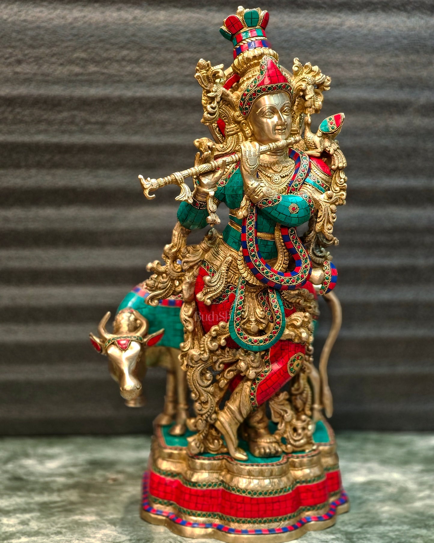 Lord Krishna with Cow Brass Idol - Meenakari Adornments, 26.5" Tall, 26kg