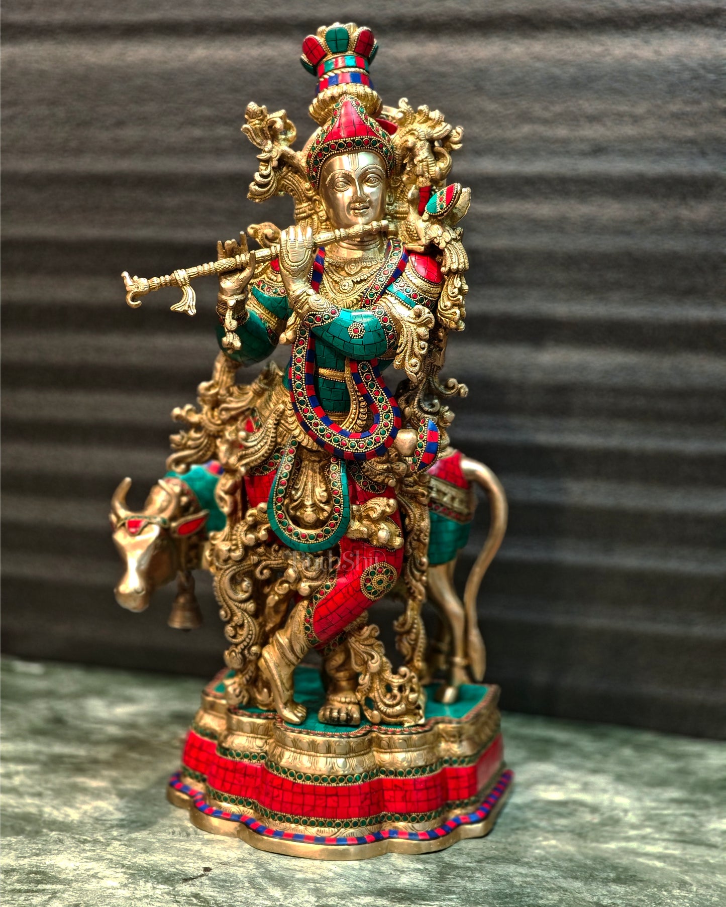 Lord Krishna with Cow Brass Idol - Meenakari Adornments, 26.5" Tall, 26kg