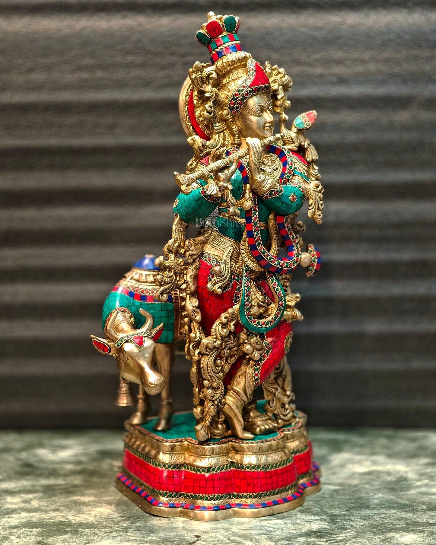 Krishna with Cow 27 inches Brass idol multicolour stonework