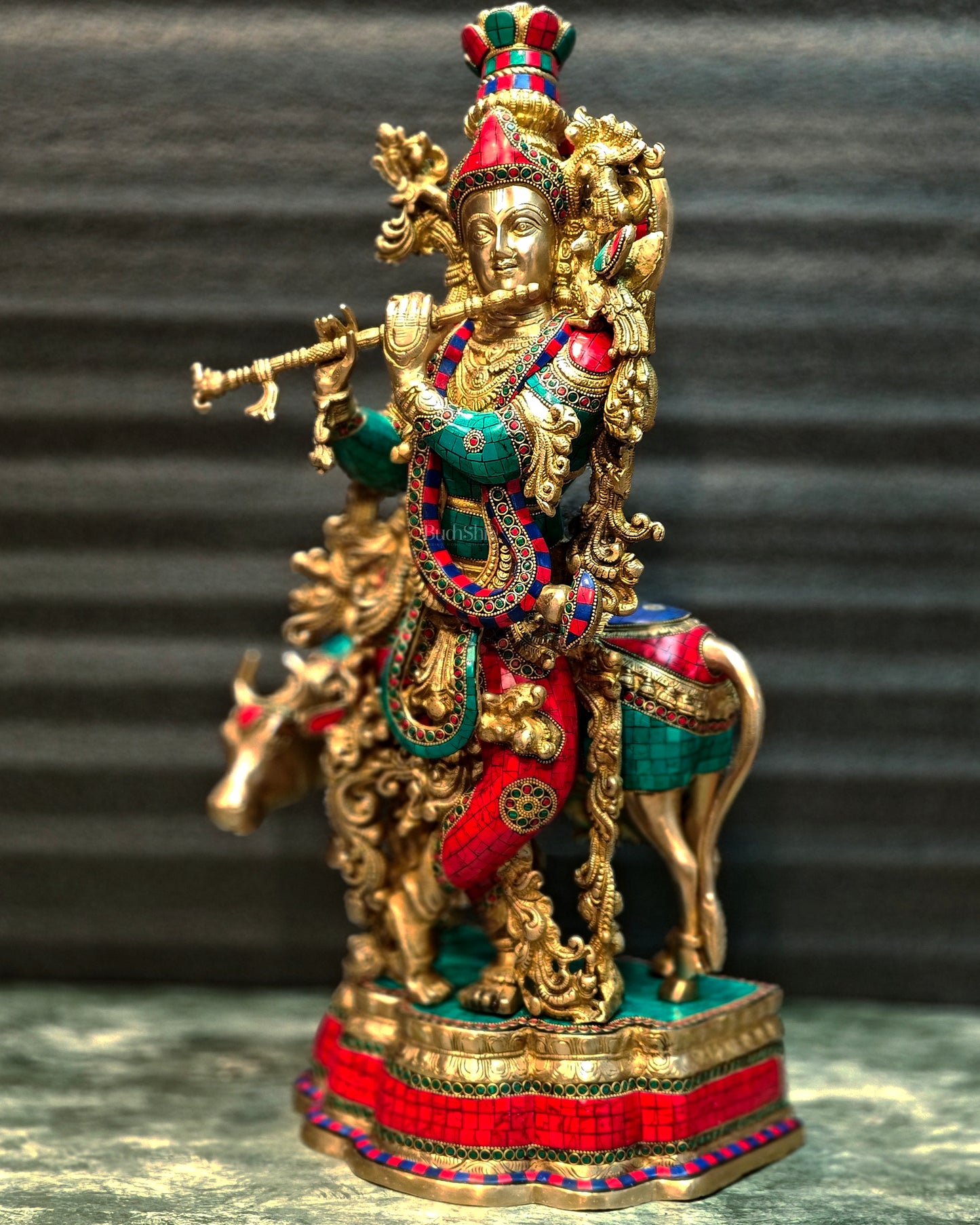 Krishna with Cow 27 inches Brass idol multicolour stonework