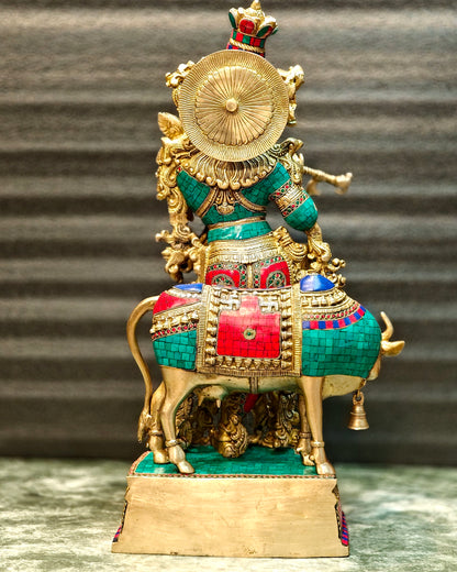 Krishna with Cow 27 inches Brass idol multicolour stonework