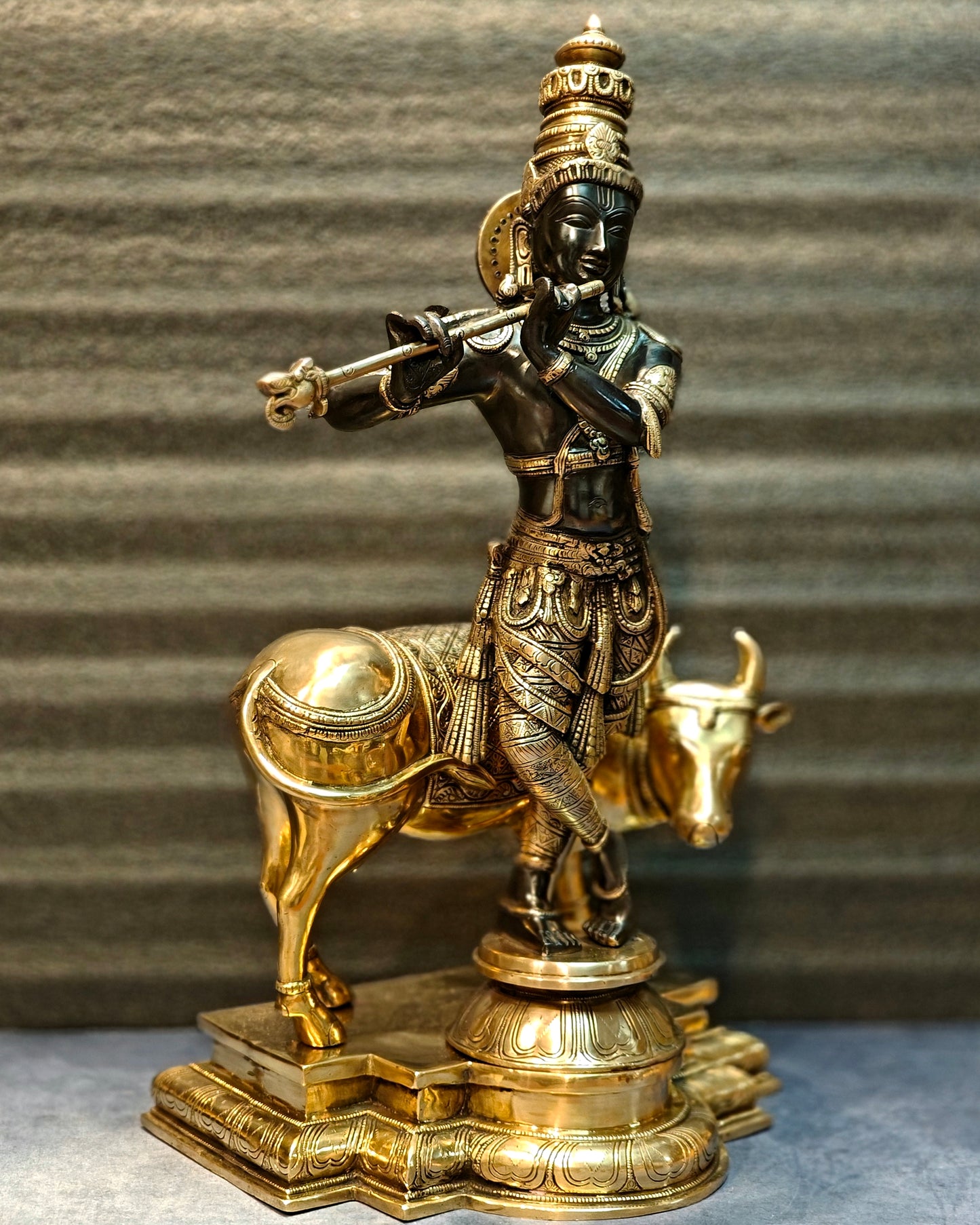 Brass Superfine Krishna With Cow idol Black 25.5 in