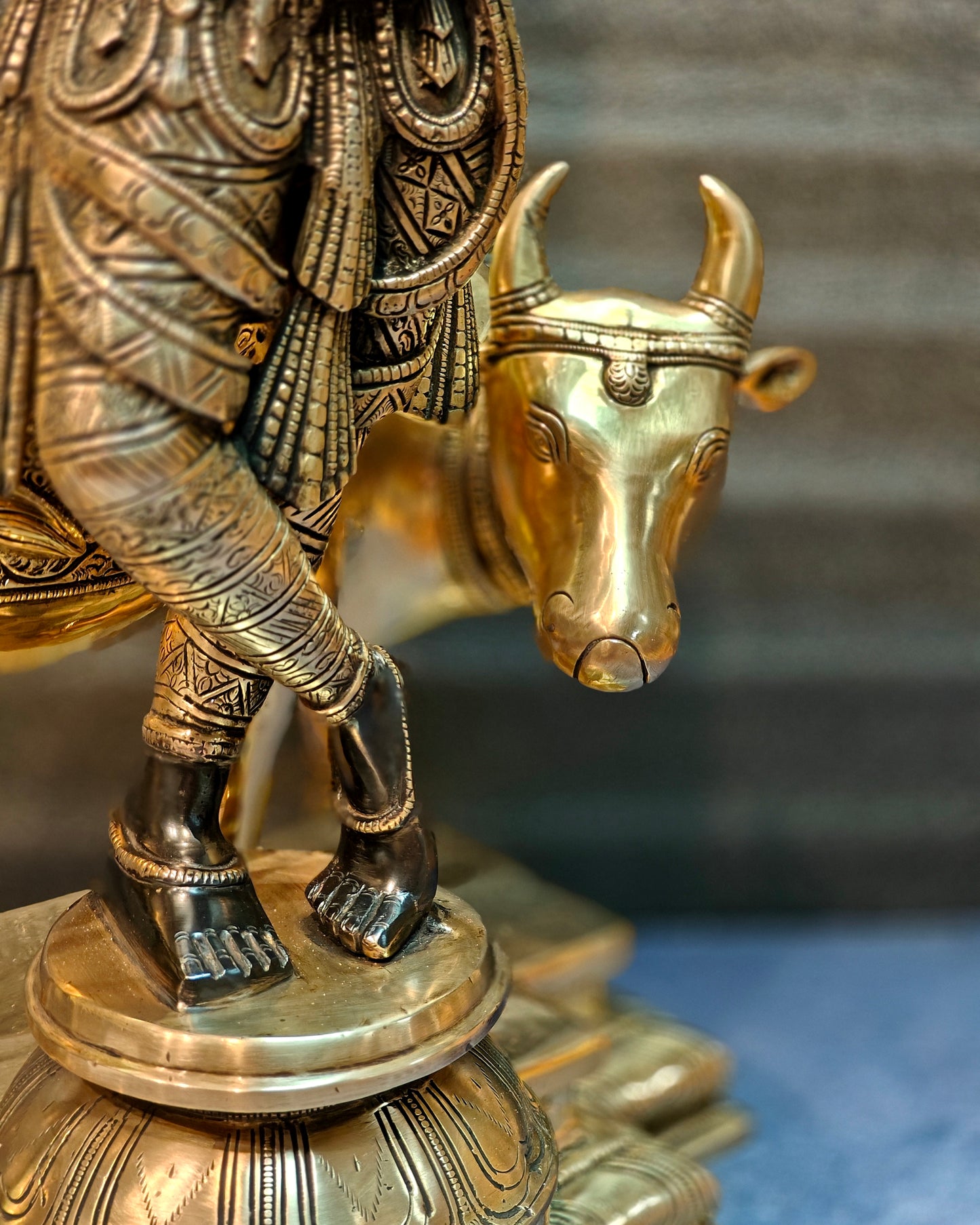 Brass Superfine Krishna With Cow Sculpture - Handcrafted Brass, 25.5" Tall, 26kg