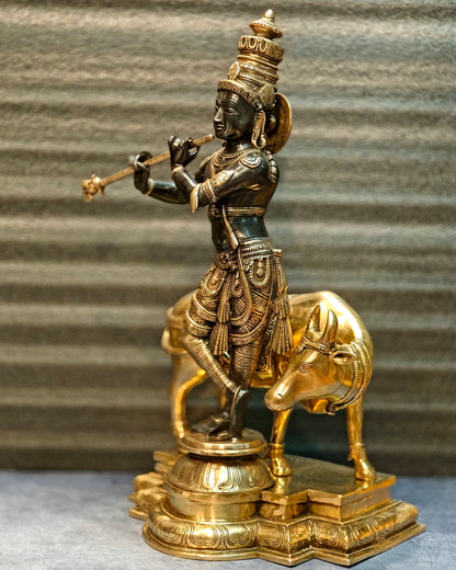 Brass Superfine Krishna With Cow Sculpture - Handcrafted Brass, 25.5" Tall, 26kg