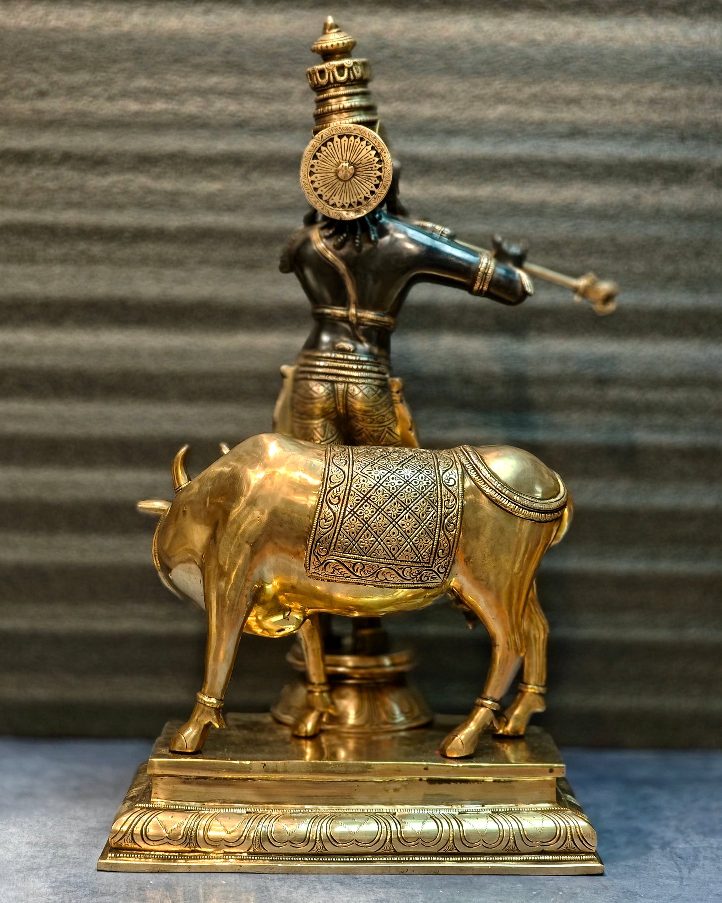 Brass Superfine Krishna With Cow idol Black 25.5 in