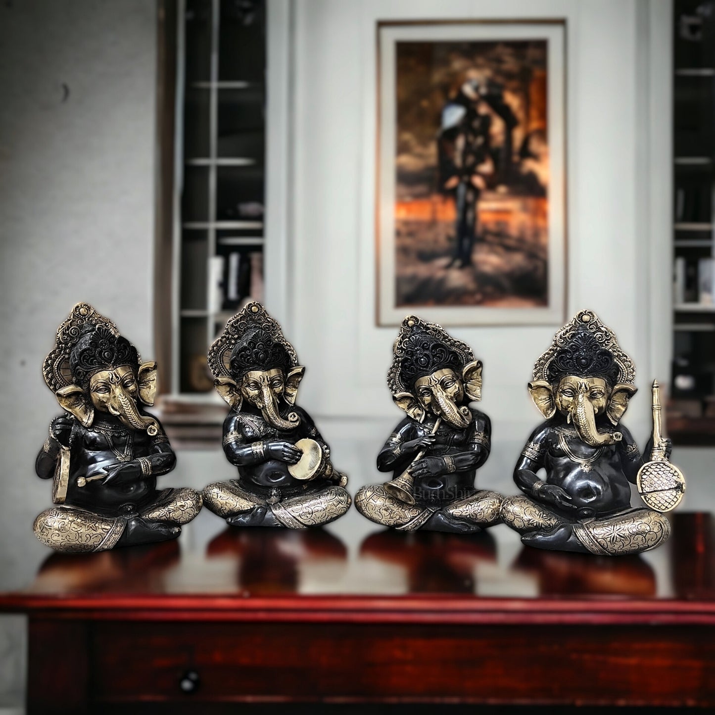 Brass Large Ganesha Music Set idols 12 inch Showpieces