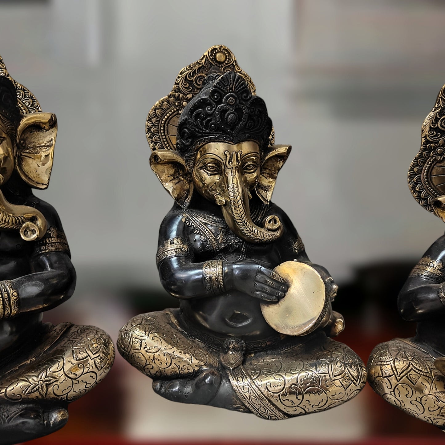 Brass Large Ganesha Music Set idols 12 inch Showpieces