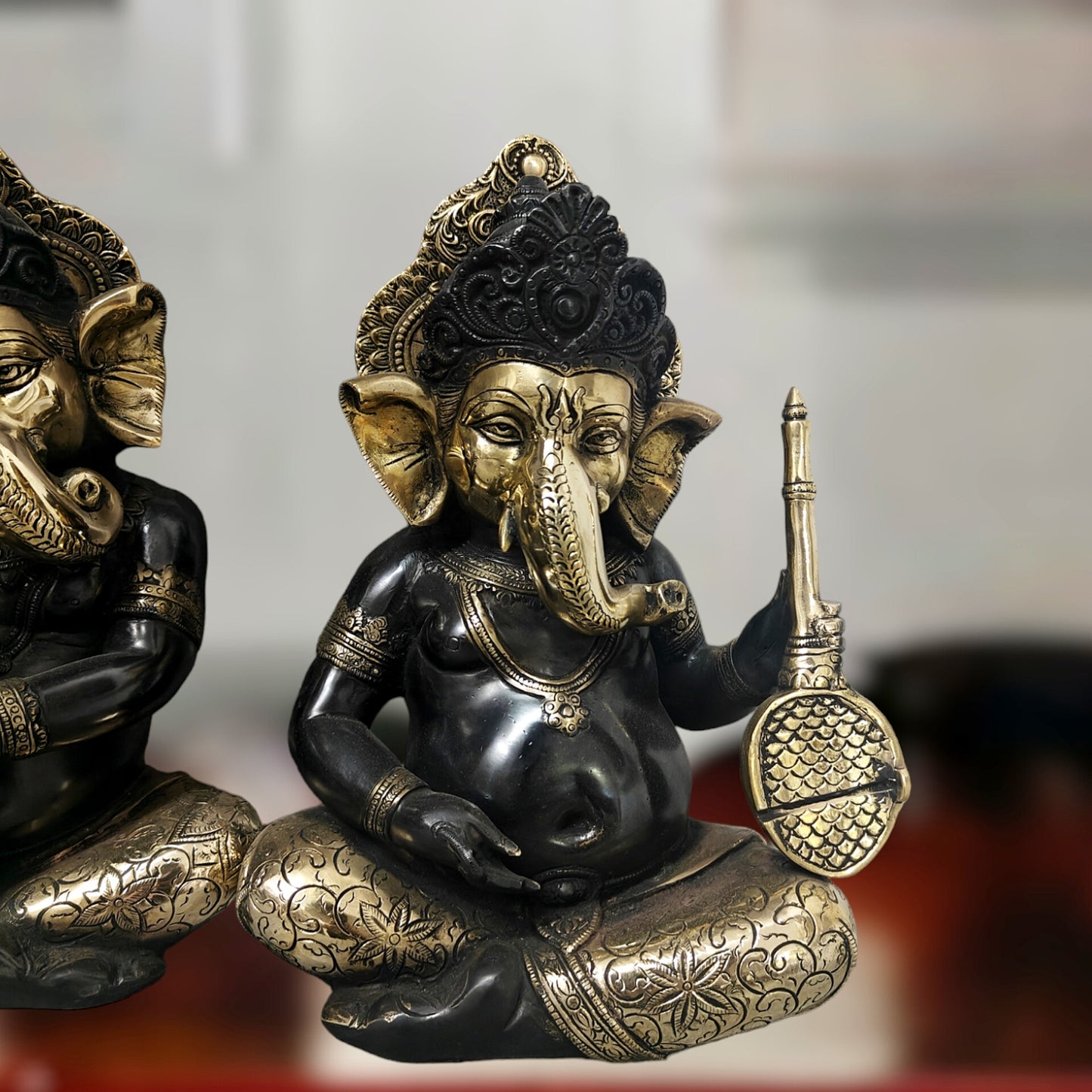 Brass Large Ganesha Music Set idols 12 inch Showpieces