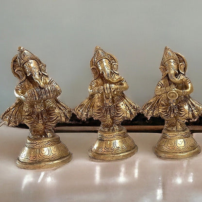 Pure Brass Set of 6 Musician Ganesha Idols Showpieces | Handcrafted Decor 6 inch