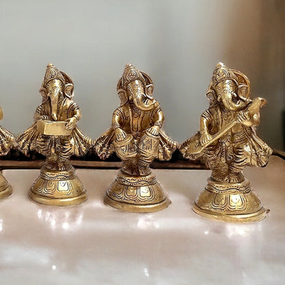 Pure Brass Set of 6 Musician Ganesha Idols Showpieces | Handcrafted Decor 6 inch