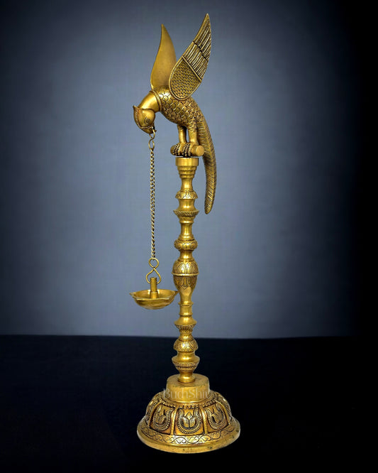 Handcrafted Pure Brass Superfine Large Parrot Lamp Vilakku - 29"