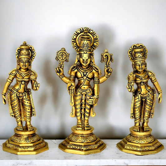 Brass superfine Tirupati Balaji with Bhoodevi and Sridevi 10.5"