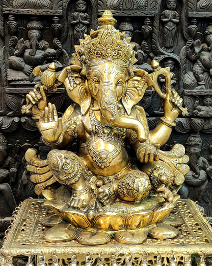 Finely Handcrafted Brass Ganapathi Statue on Lotus Base - 21-inch Tall