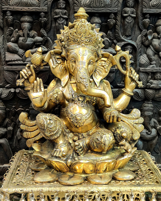 Handcrafted Ganapathi Statue 21": Lord Ganesha Seated on Lotus Base | 30 kg