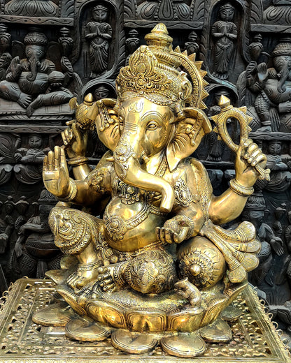 Finely Handcrafted Brass Ganapathi Statue on Lotus Base - 21-inch Tall