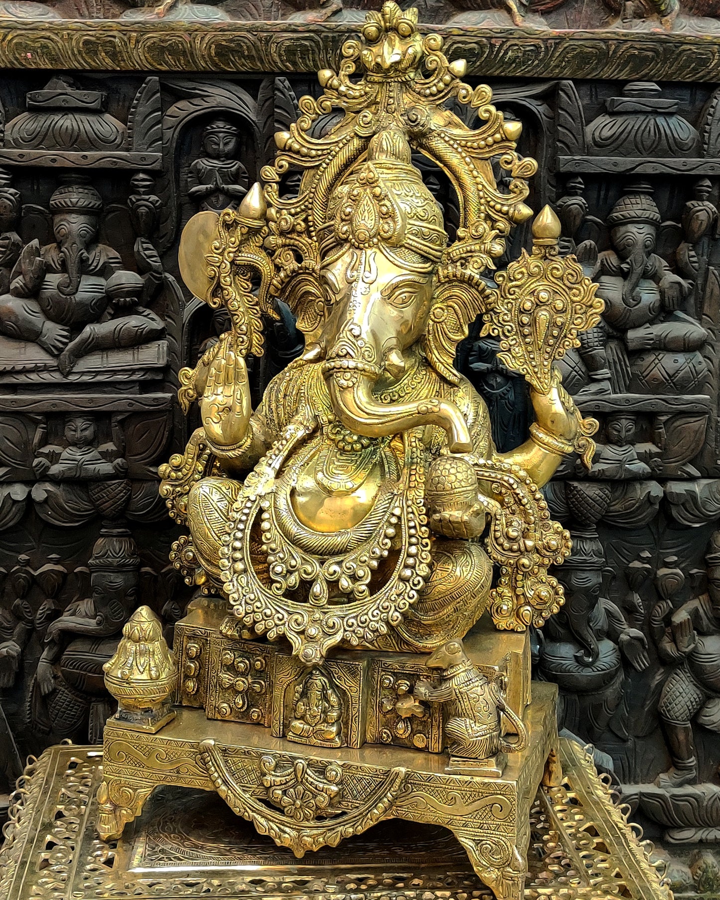 Handcarved Brass Ganesha Idol on Engraved Pedestal - 26.5-inch Tall