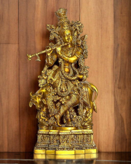 Krishna With Cow 28 inches brass idol