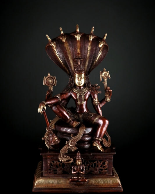 Lord Vishnu with sheshanaaga Brass statue large 30" Chola Brown