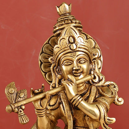 Brass Krishna with Cow and peacock idol 13"