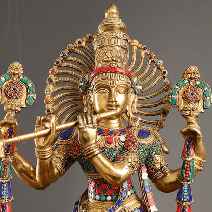 Handmade Superfine Brass Krishna Charbhuja Statue with Shankh and Chakra - 24-inch