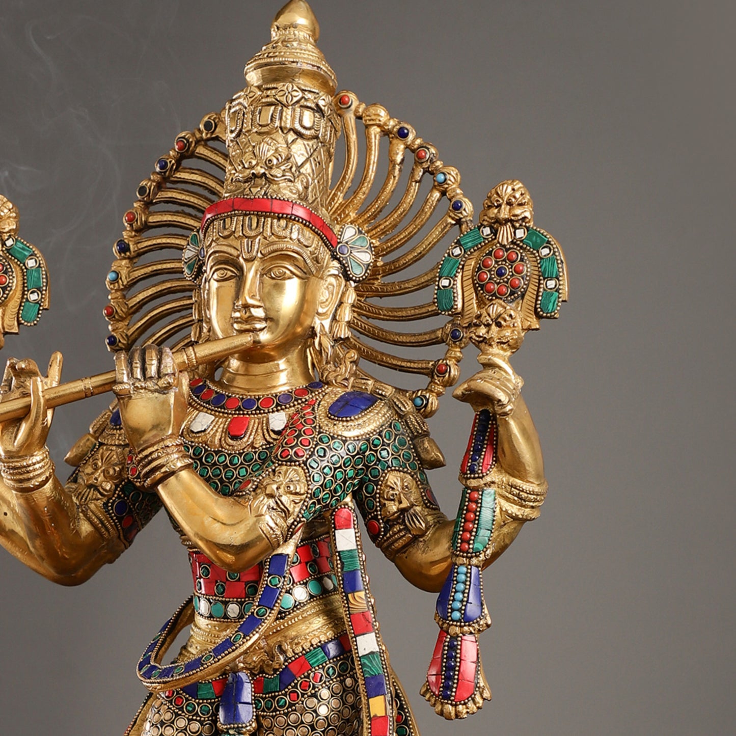 Handmade Superfine Brass Krishna Charbhuja Statue with Shankh and Chakra - 24-inch