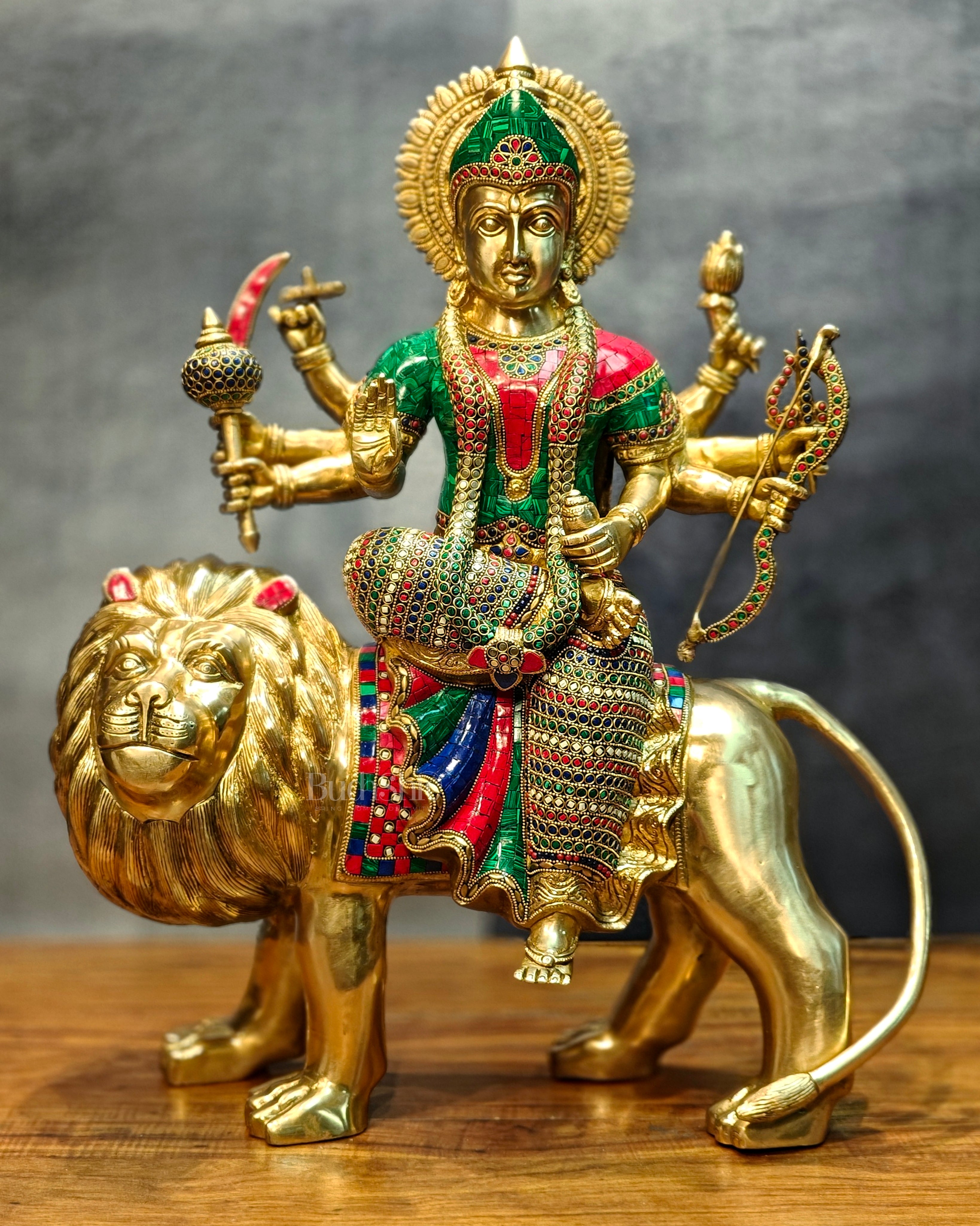 Brass Handcrafted Durga Ashtabhuja Statue – 24 Inches, Meenakari Stone ...