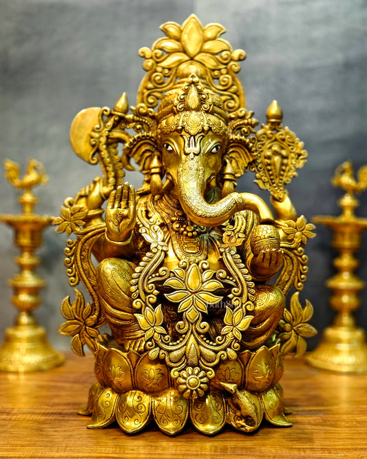 Elegant Brass Superfine Lord Ganesha Idol with Lotus - 23.5" sharp eyes