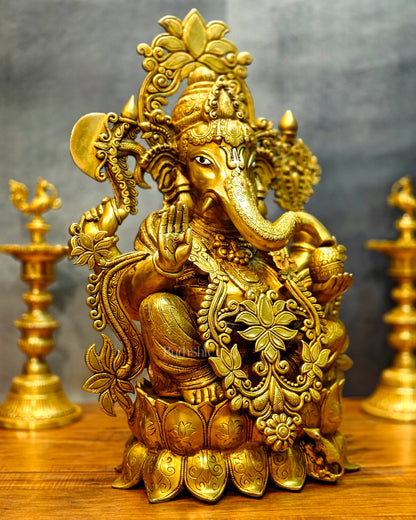 Elegant Brass Superfine Lord Ganesha Idol with Lotus - 23.5" sharp eyes