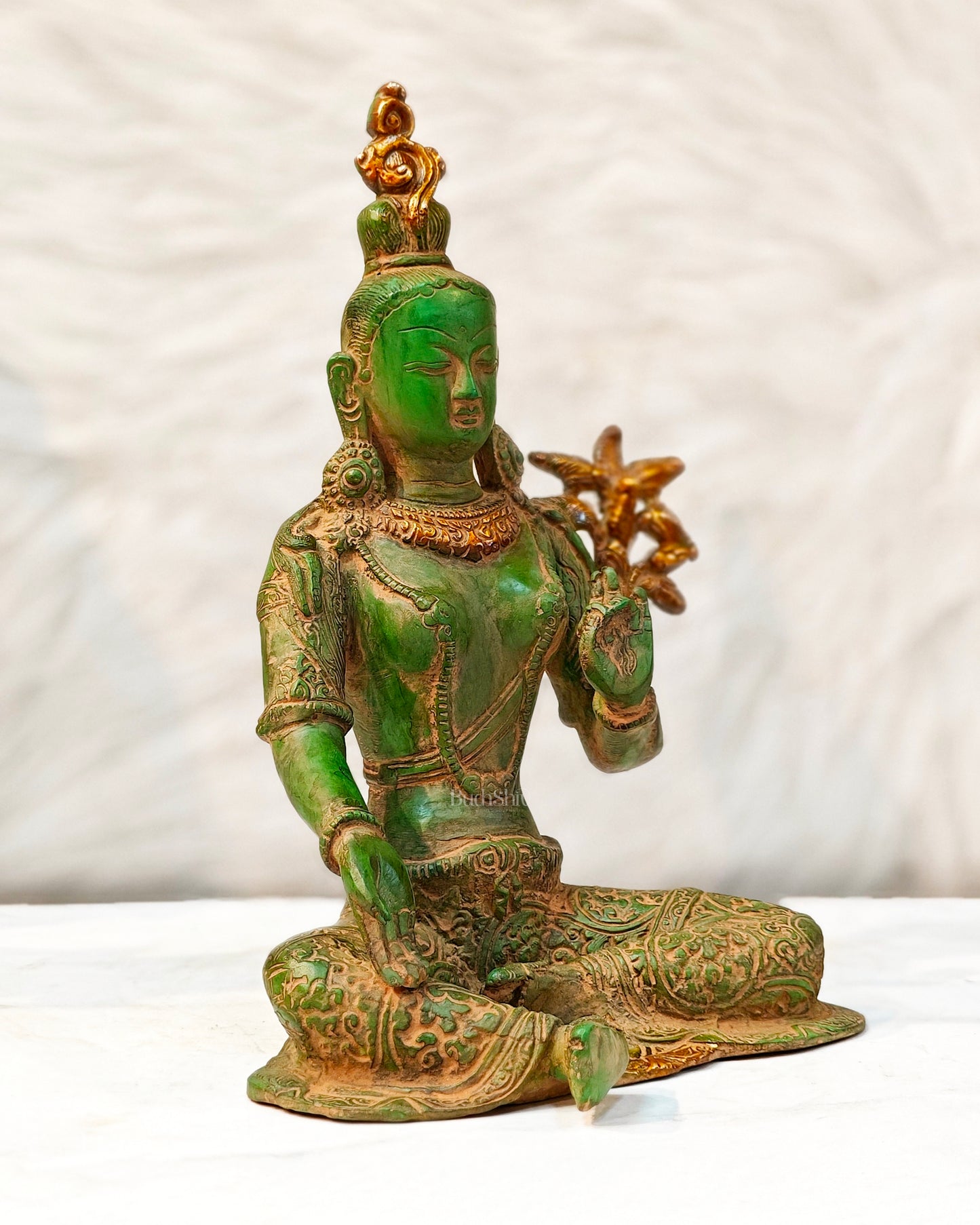Pure Brass Green Tara Statue with Antique Sand Finish Henna Touch 10.5"