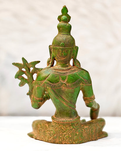 Pure Brass Green Tara Statue with Antique Sand Finish Henna Touch 10.5"