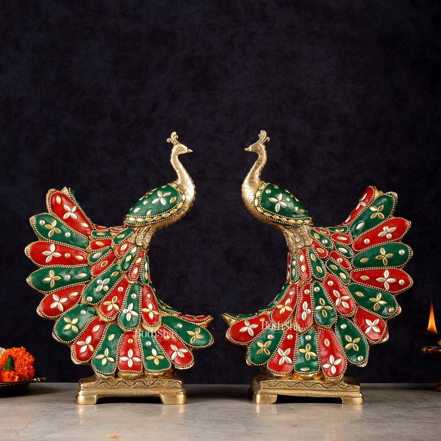 Elegant Brass Peacock Showpiece Pair | 10"