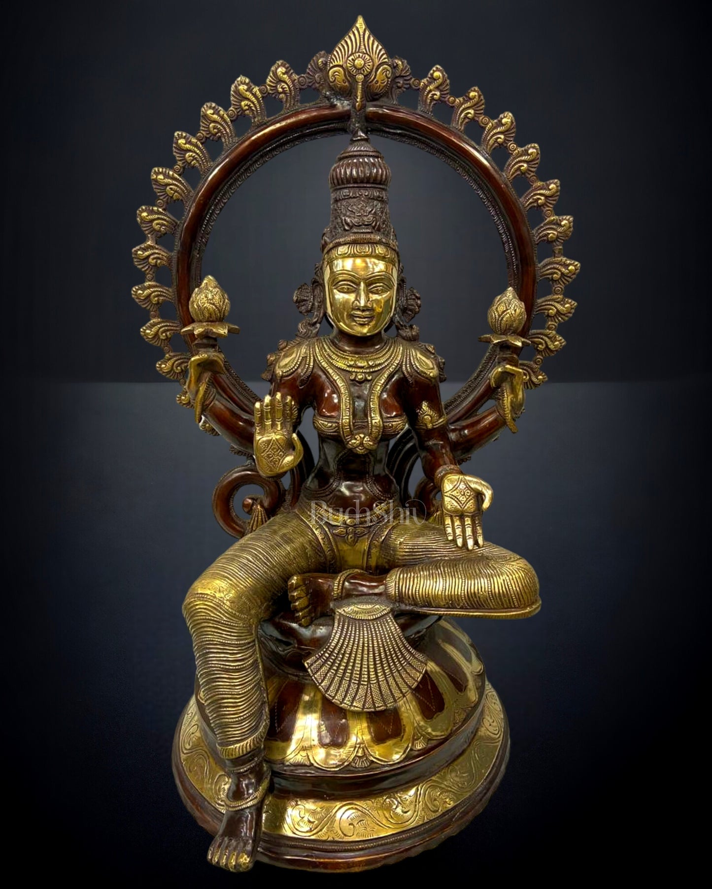 Divine Brass Deity Set with Arch - Ganapati, Saraswati, and Lakshmi 27"