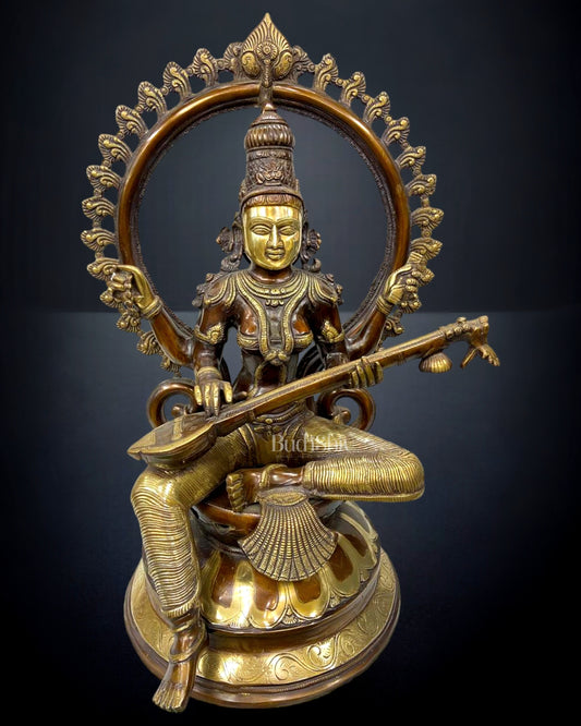 Exquisite Brass Saraswati Devi Statue with Arch 27 inch