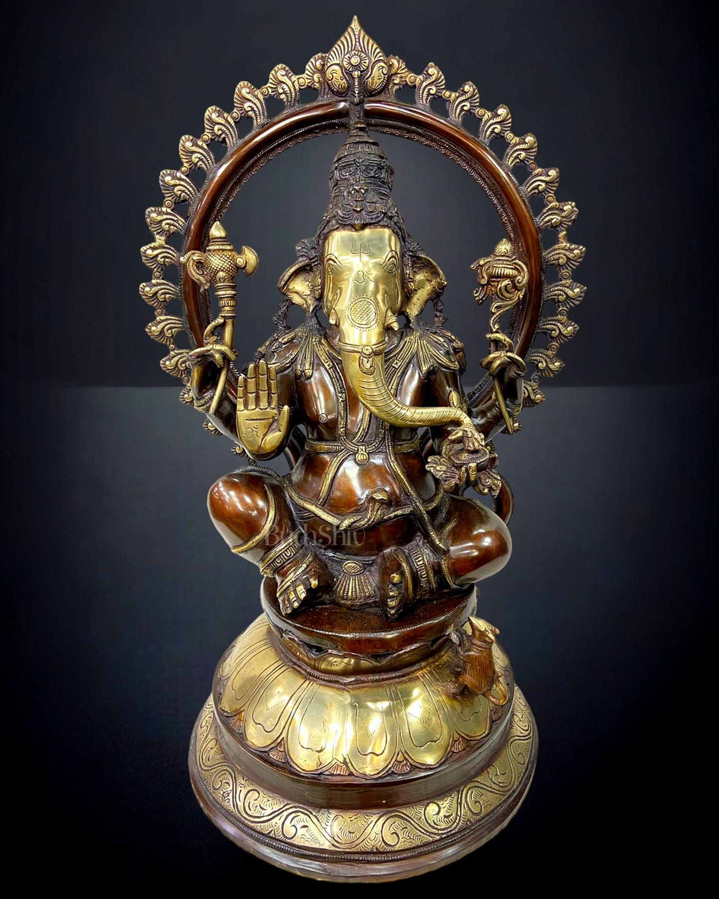 Divine Brass Deity Set with Arch - Ganapati, Saraswati, and Lakshmi 27"