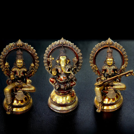 Divine Brass Deity Set with Arch - Ganapati, Saraswati, and Lakshmi 27"