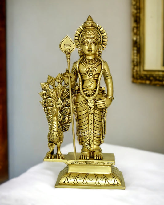 Exquisite Brass Superfine Lord Murugan with Peacock Statue - 16 Inches Tall