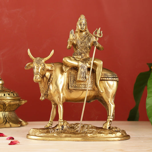 Finely Crafted Lord Shiva Seated on Nandi Bull Brass Idol | Divine Presence 10"