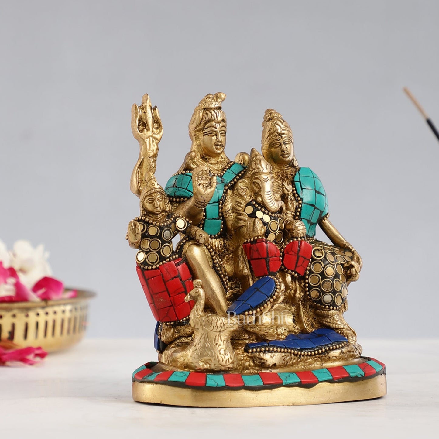 Brass Lord Shiva Parivaar Idol with Meenakari Stonework 6 inch