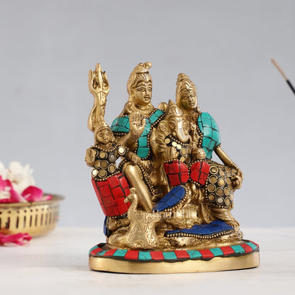 Brass Lord Shiva Parivaar Idol with Meenakari Stonework 6 inch