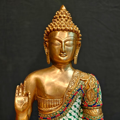 Buddha Brass Idol in Aashirwaad Abhaya Mudra - 17 Inch, Exquisite Stonework