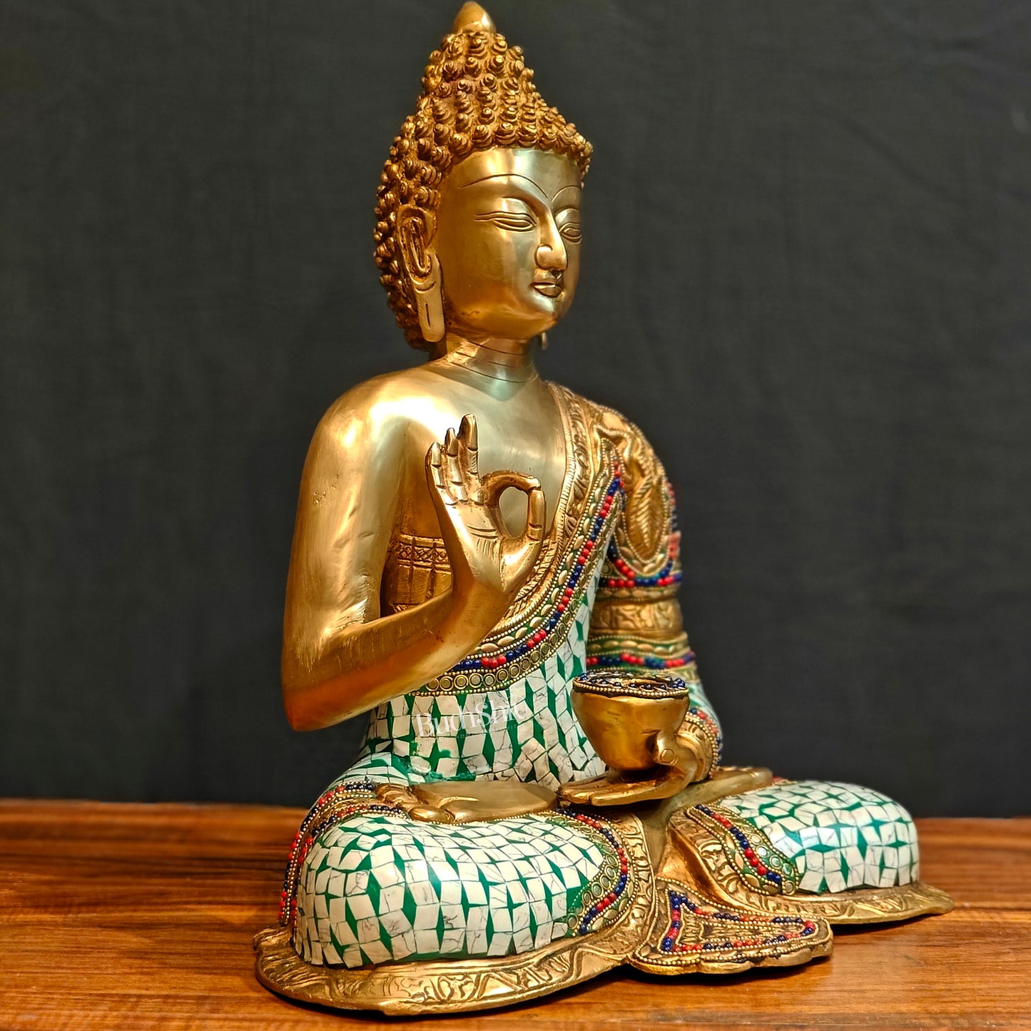 Buddha Brass Idol in Aashirwaad Abhaya Mudra - 17 Inch, Exquisite Stonework