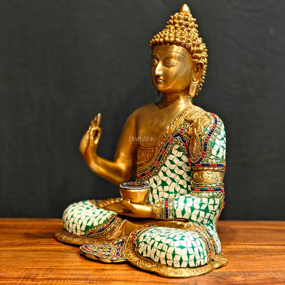 Buddha Brass Idol in Aashirwaad Abhaya Mudra - 17 Inch, Exquisite Stonework