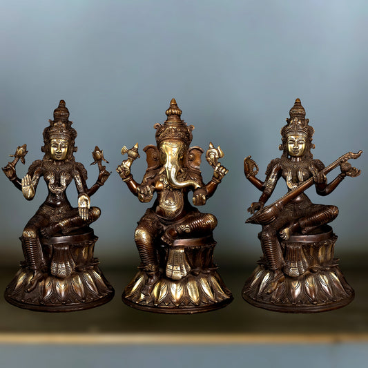 Brass Ganesh Lakshmi Saraswati set statues 15" large