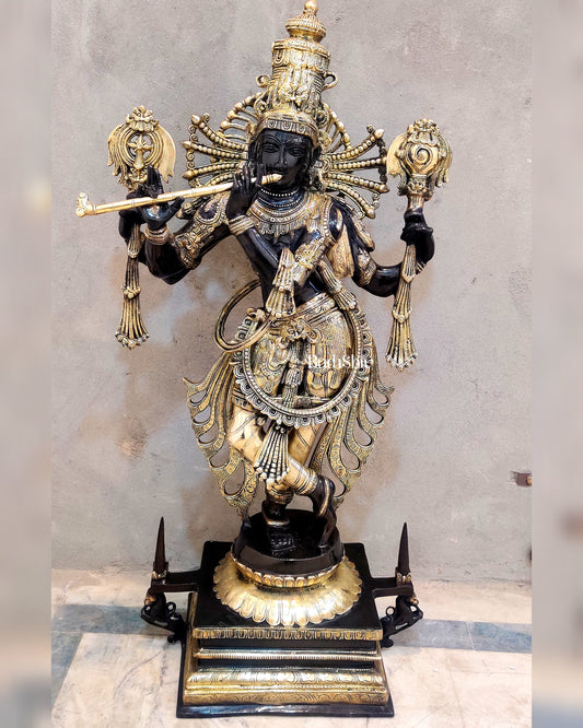 Divine Krishna Statue in Brass - Black and Golden Finish, 41" Tall