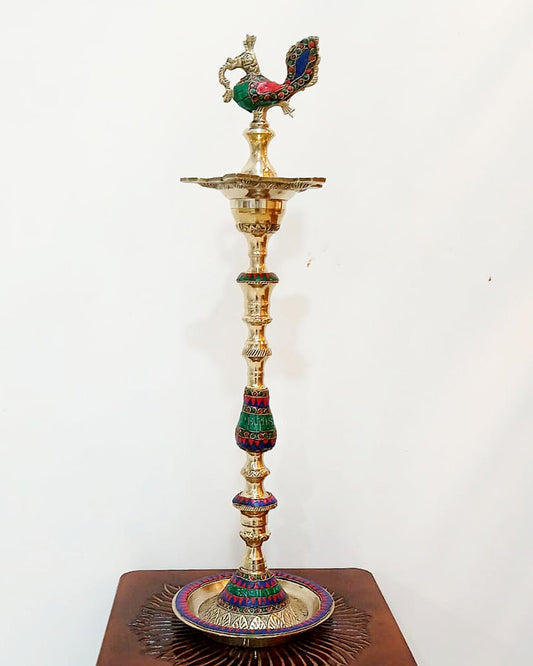 Majestic Brass Peacock Samai Lamp with Stonework | Perfect for Inauguration Ceremonies | 2 Feet (24 Inch)