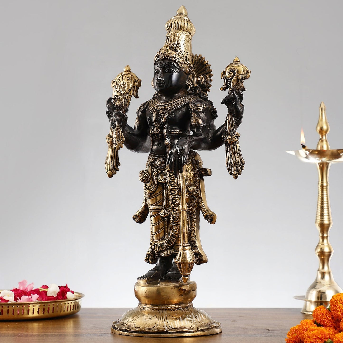 Brass Lord Vishnu Statue - Handcrafted, 20" Tall, 12kg